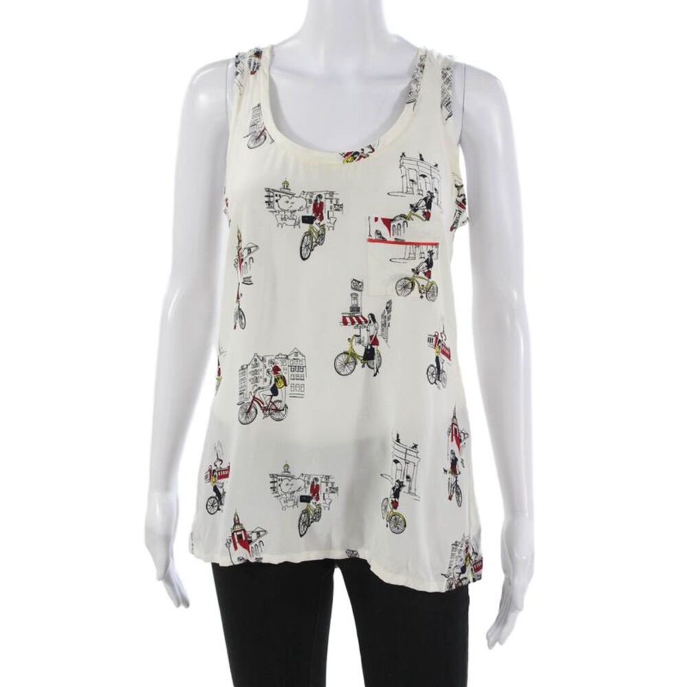 Piamita Womens Silk Scoop Neck Sleeveless Tank Graphic White Size S